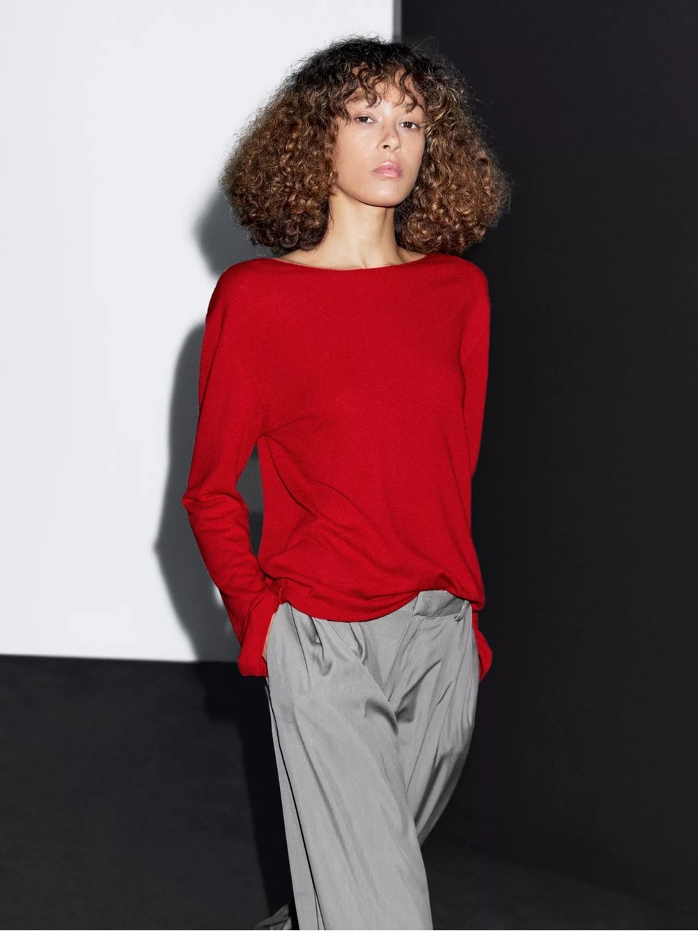 Massimo Dutti Women's Red Boatneck Long-Sleeve Top